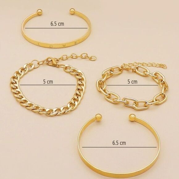 Unisex LOVE Men Women Gold Over Silver Chunky Gold Link Bangle Set - Picture 3 of 13